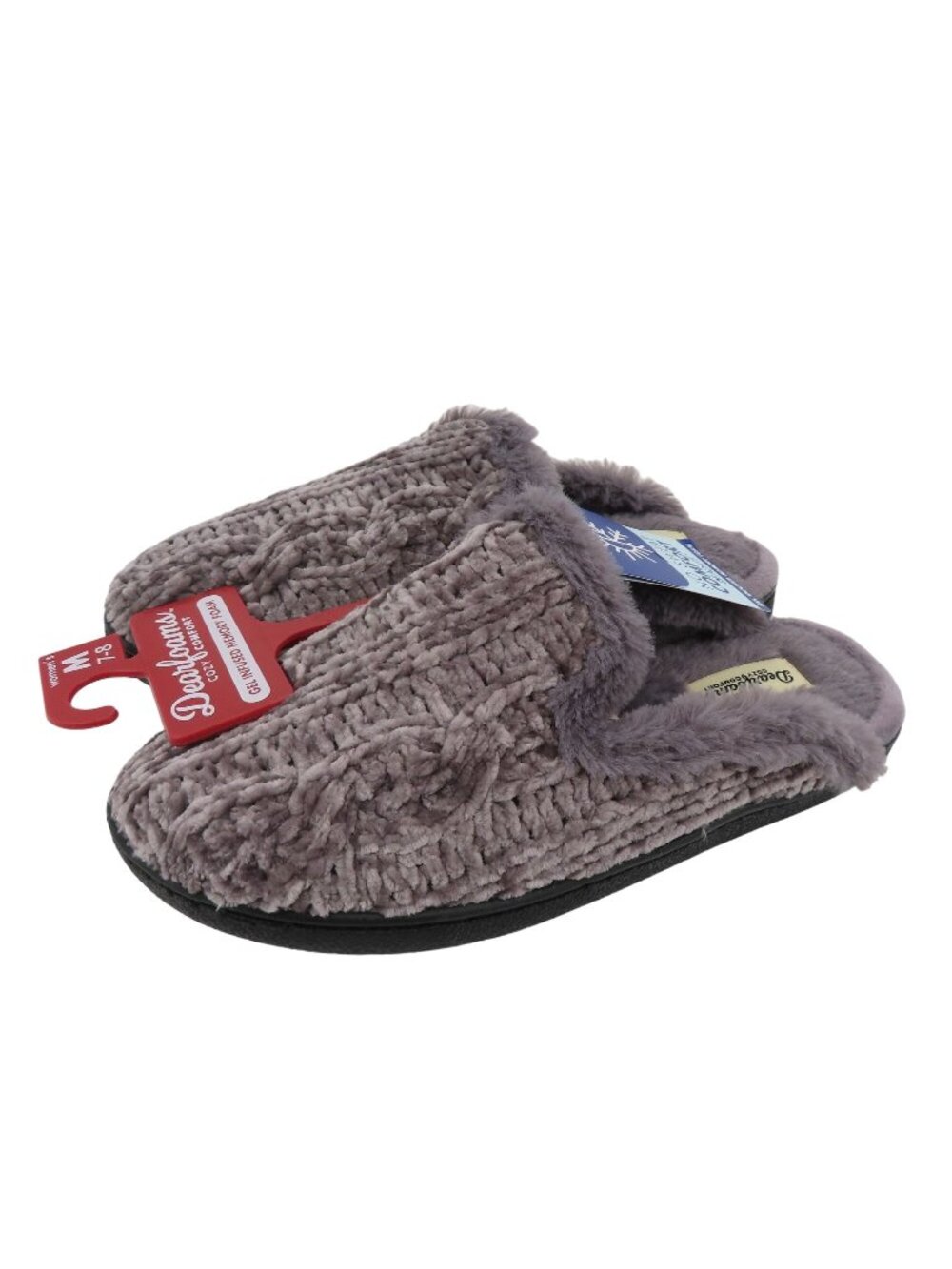 Dearfoams Women Medium 7-8 Grey Chenille Cable Knit Faux Fur Slide Slippers NEW